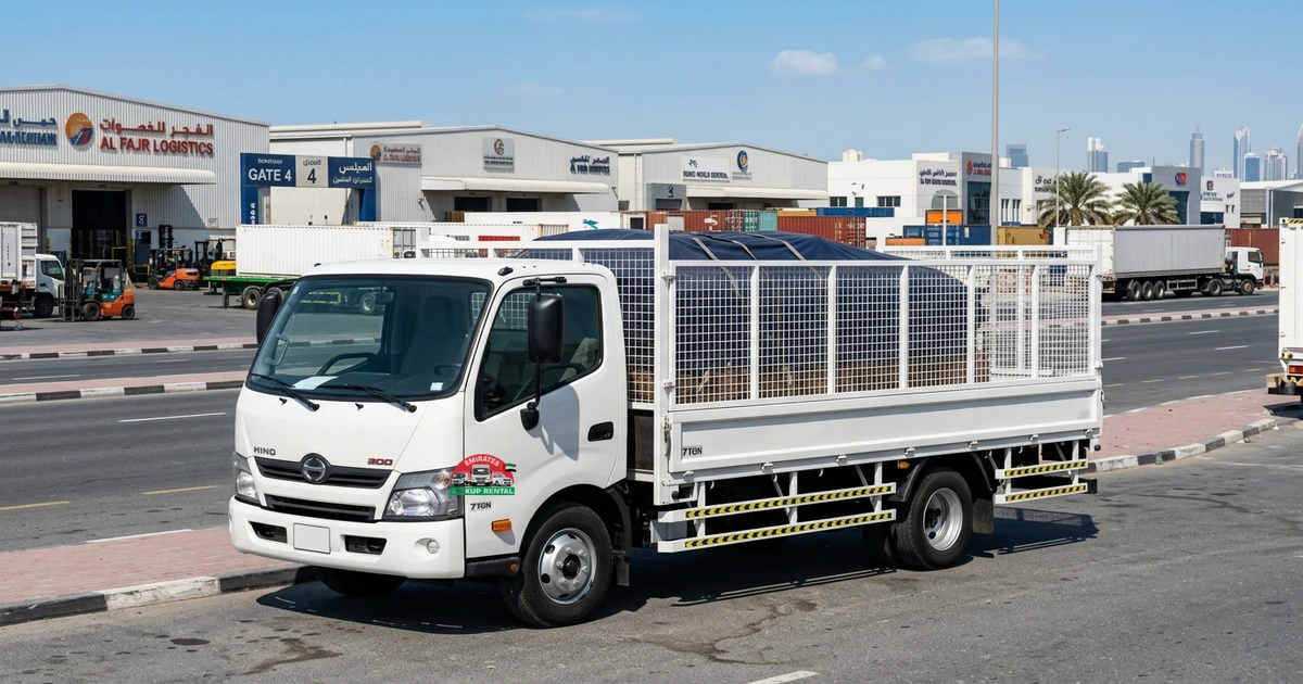 7 ton truck for rent in Dubai with steel wire net cage in industrial logistics park