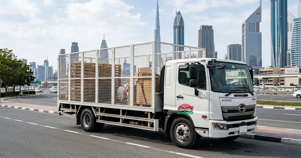7 ton pickup for rent in Dubai with safety metal cage mesh jaali railing