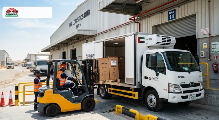 commercial 3 ton box pickup truck loading pallets at Dubai Investments Park logistics hub