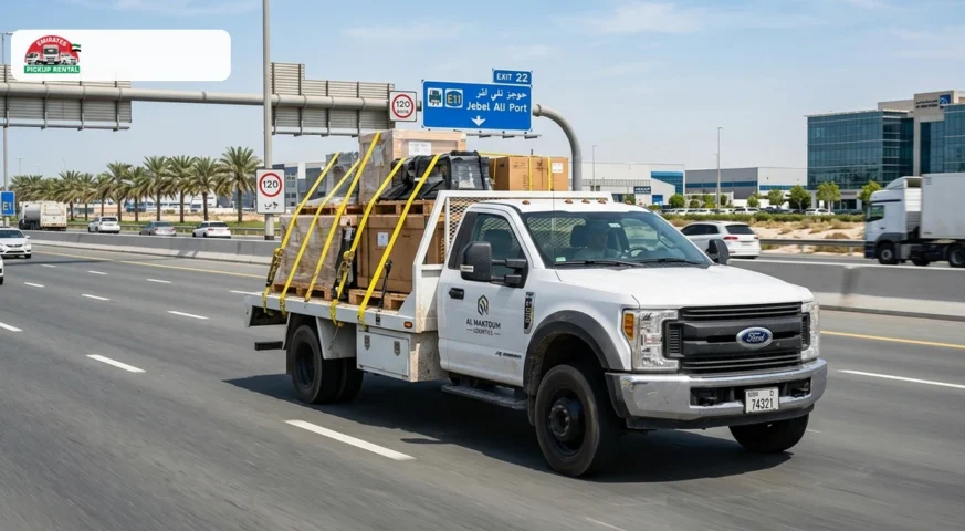 commercial heavy duty flatbed pickup truck carrying cargo pallets on E11 towards Jebel Ali Port